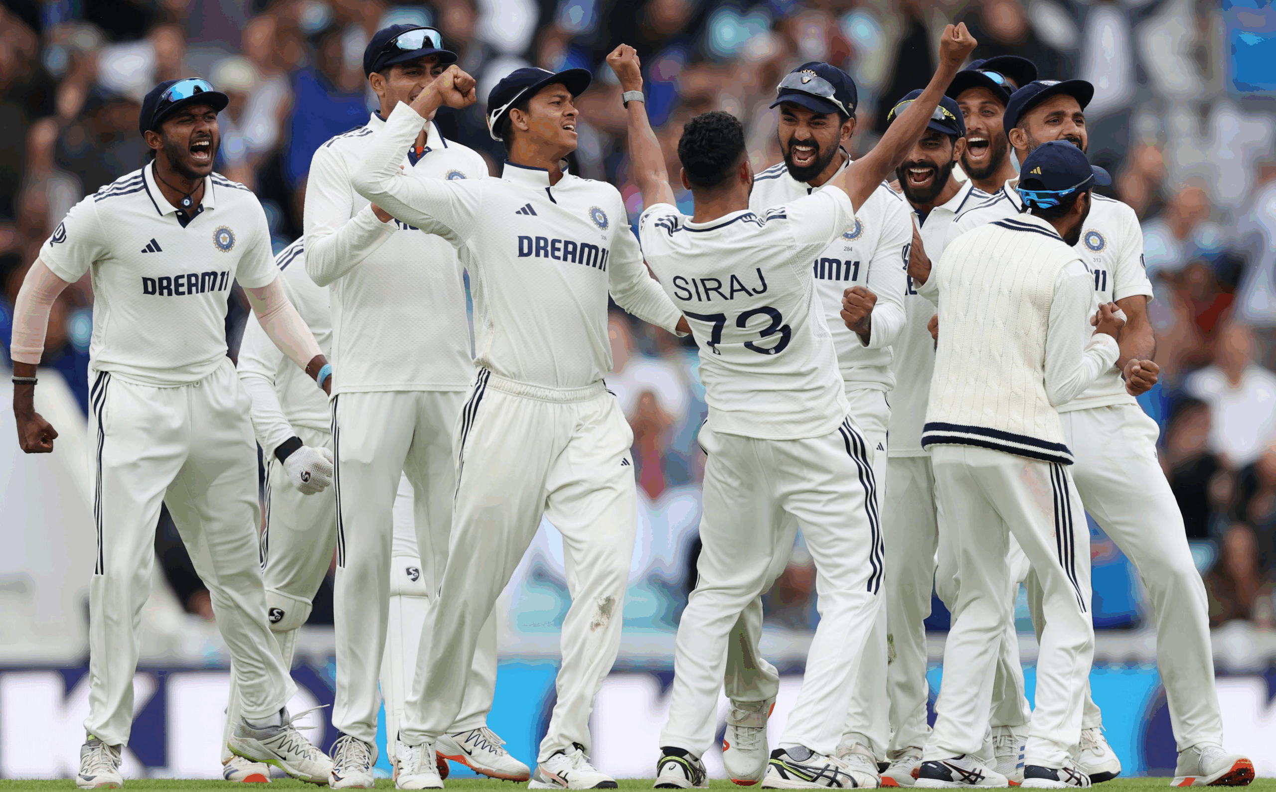 India players celebrate after winning the fifth Test against England to draw the series 2-2.