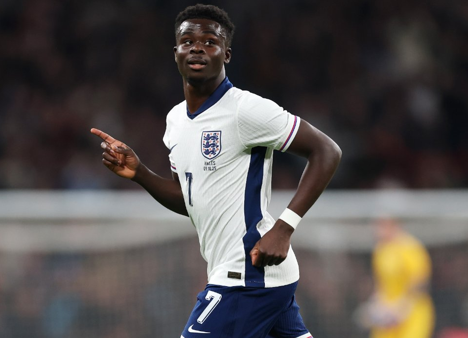 Bukayo Saka celebrates after scoring for England during a 3-0 friendly win over Wales on October 9, 2025.