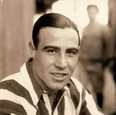 Black-and-white photo of Italo-Argentine footballer Enrique Guaita, the hero who scored against Austria, reflecting the bittersweet aftermath of his achievement before being forced into exile.