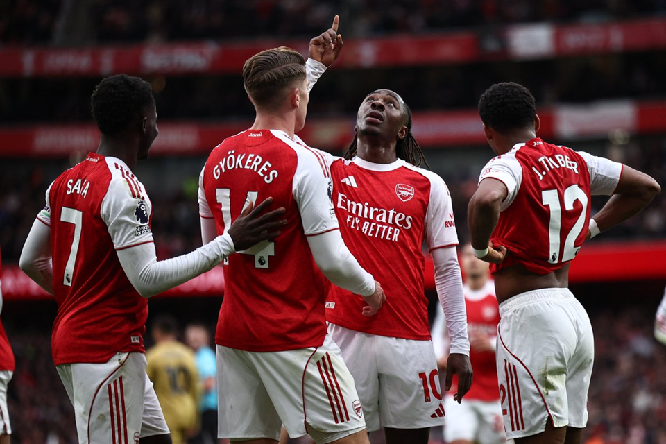 Eberechi Eze celebrates for Arsenal after scoring against his old side Crystal Palace in a 1-0 in the Premier League on October 26, 2025.