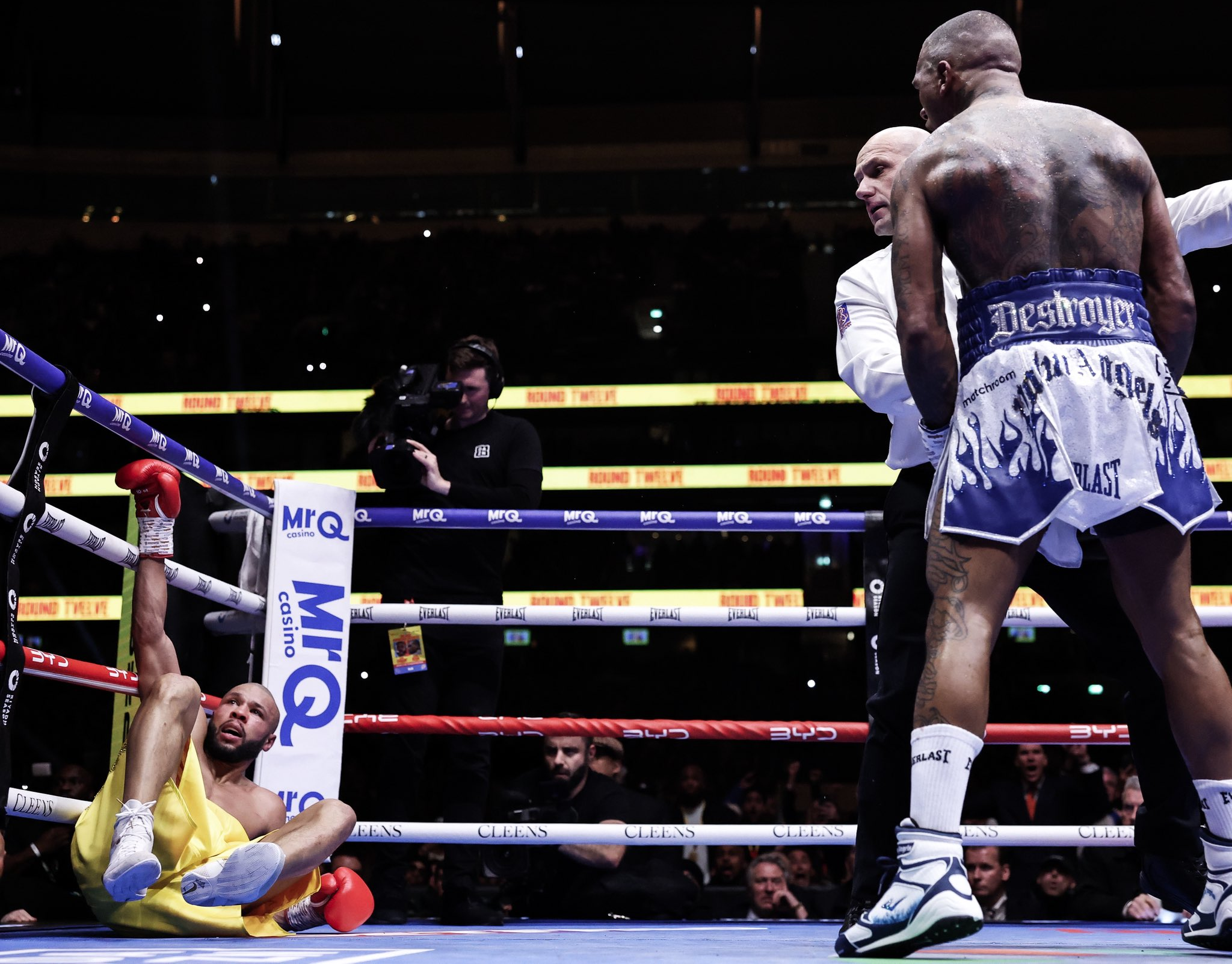 Conor Benn watches on after knocking down Chris Eubank Jr during his victory in their rematch on November 15, 2025.