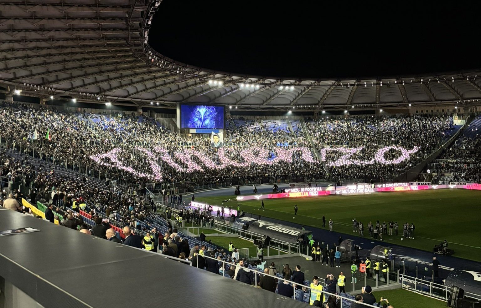Pre-kick-off in the Curva Nord as Lazio fans honour Vincenzo Paparelli, the first Derby victim, with a tribute banner in the stand on October 28th 1979 during Lazio vs Cagliari.