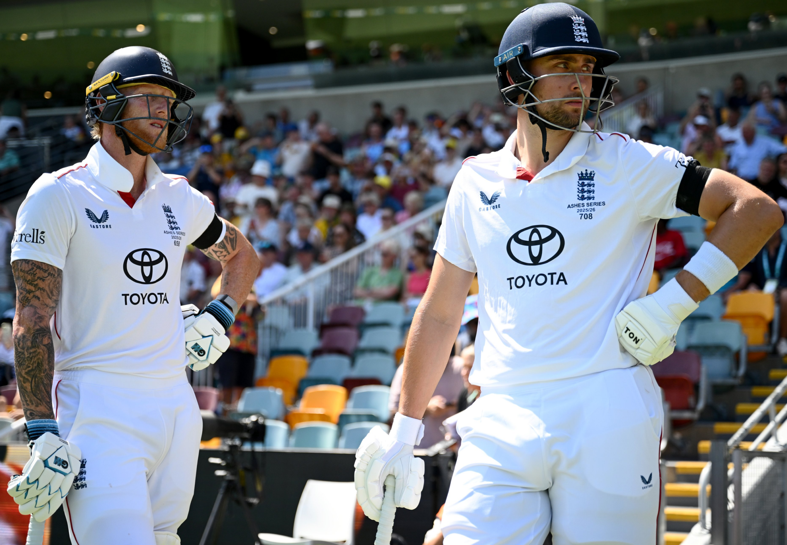 England players wait to bat during the second Test Ashes defeat by Australia.