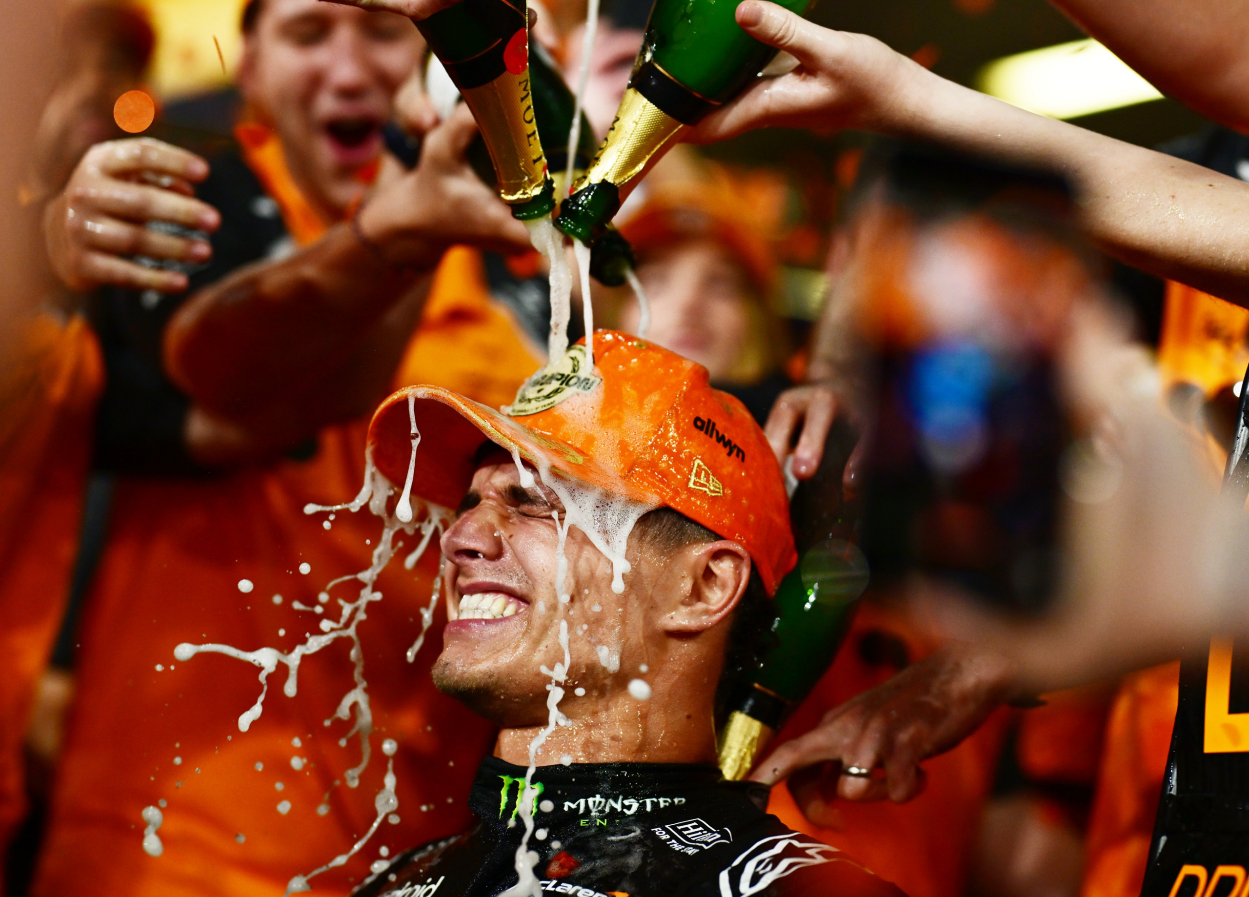 Lando Norris celebrates after winning the F1 world title on December 7, 2025.