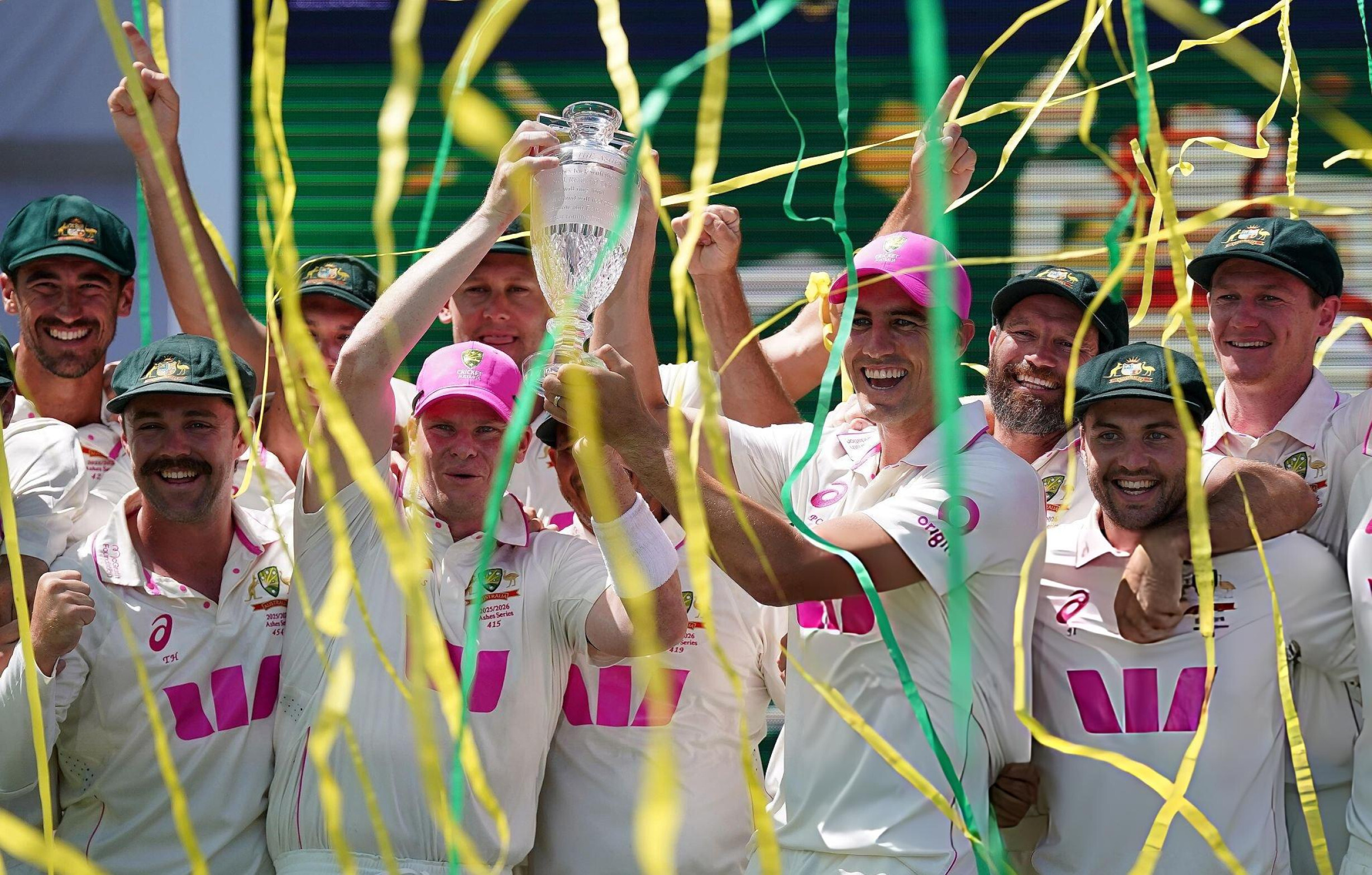 Australia players celebrate after winning the fifth Ashes Test to complete a 4-1 series win over England on January 8, 2026.