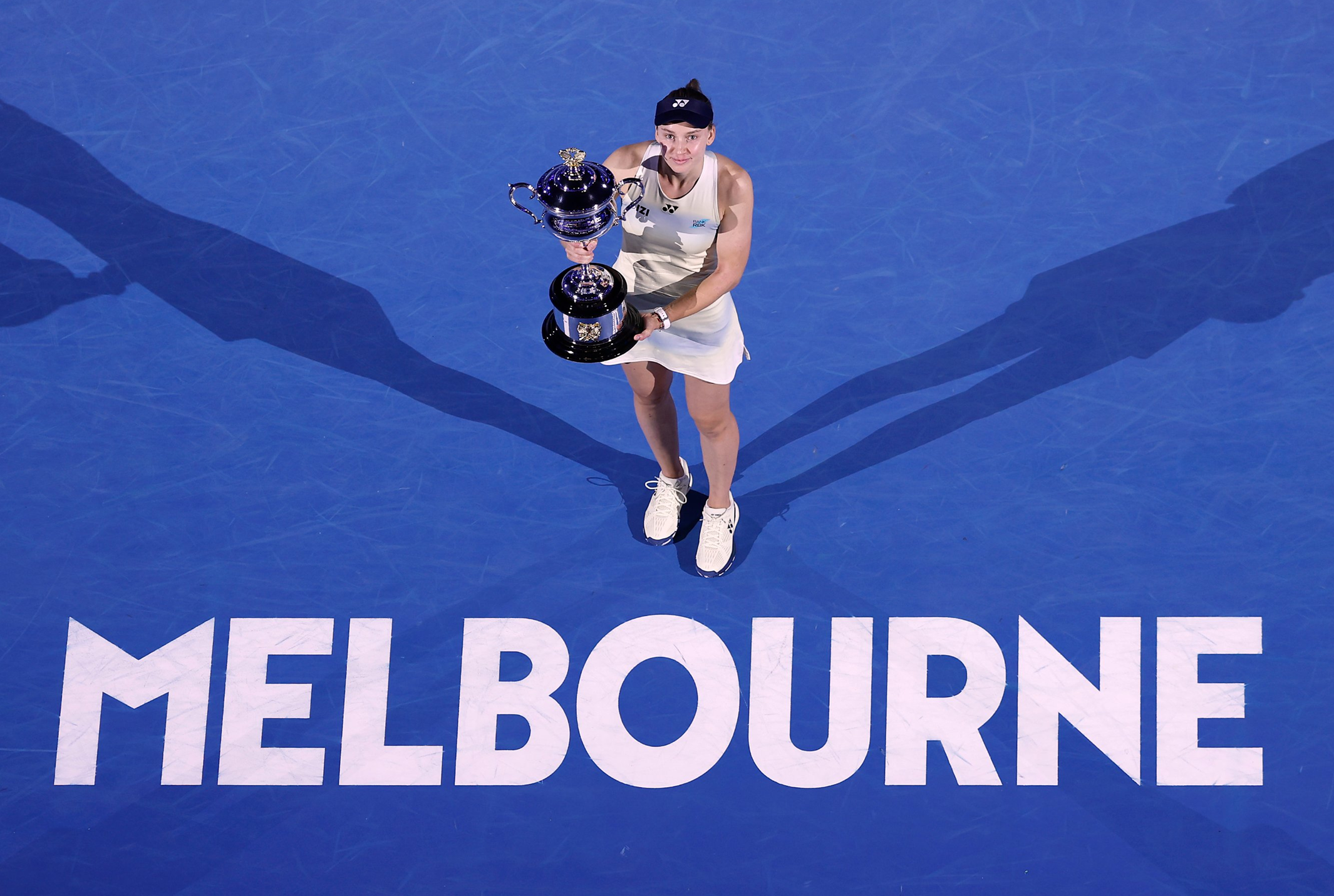 Elena Rybakina celebrates after winning the 2026 Australian Open following a three-set victory over Aryna Sabalenka on January 31, 2026.