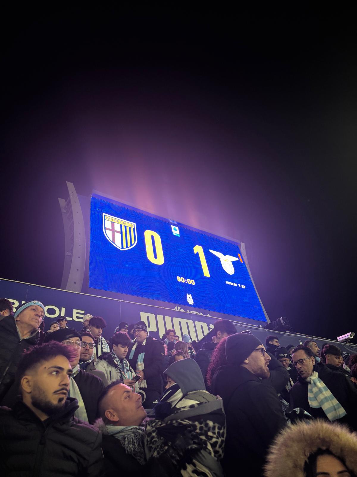 Stadio Ennio Tardini scoreboard showing Parma 0–1 Lazio at full time, confirming Lazio’s away win in Serie A.