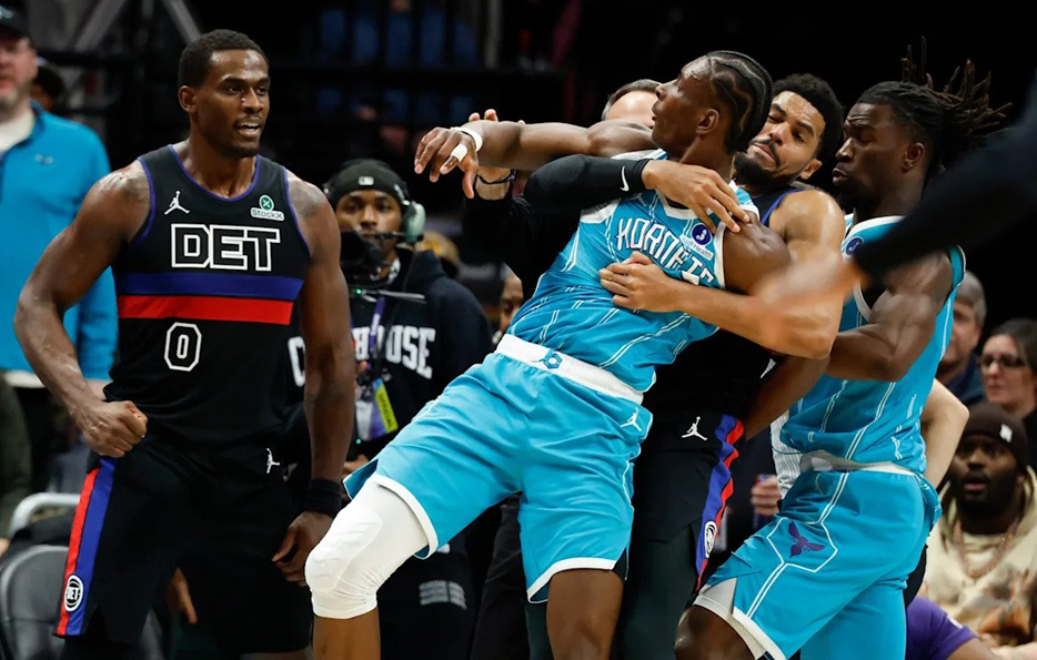 Charlotte Hornets and Detroit Pistons brawl during NBA clash on February 9, 2026.