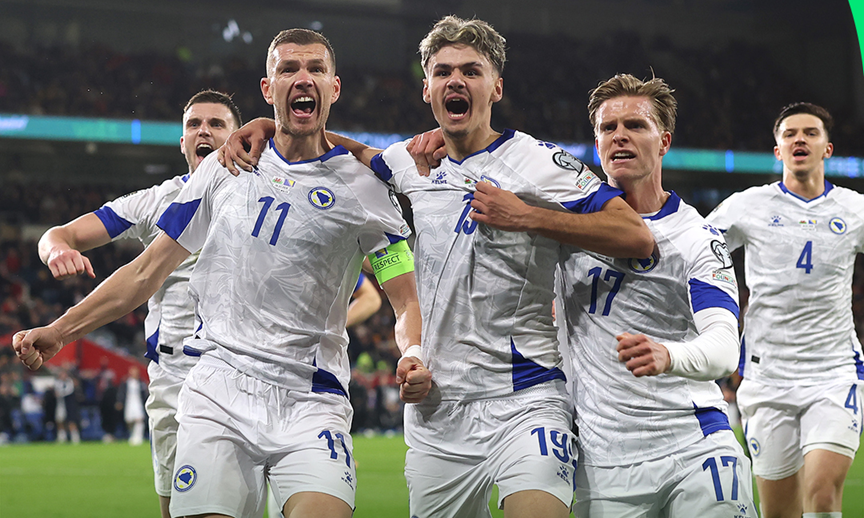 Bosnia and Herzegovina players celebrate beating Italy to reach the 2026 World Cup on penalties on March 31, 2026.