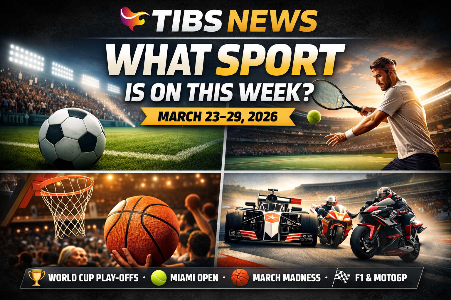 TIBS News graphic showing what sport is on this week (March 23–29, 2026), featuring football, tennis, basketball and motorsport with World Cup play-offs, Miami Open, March Madness and Formula 1 highlighted.