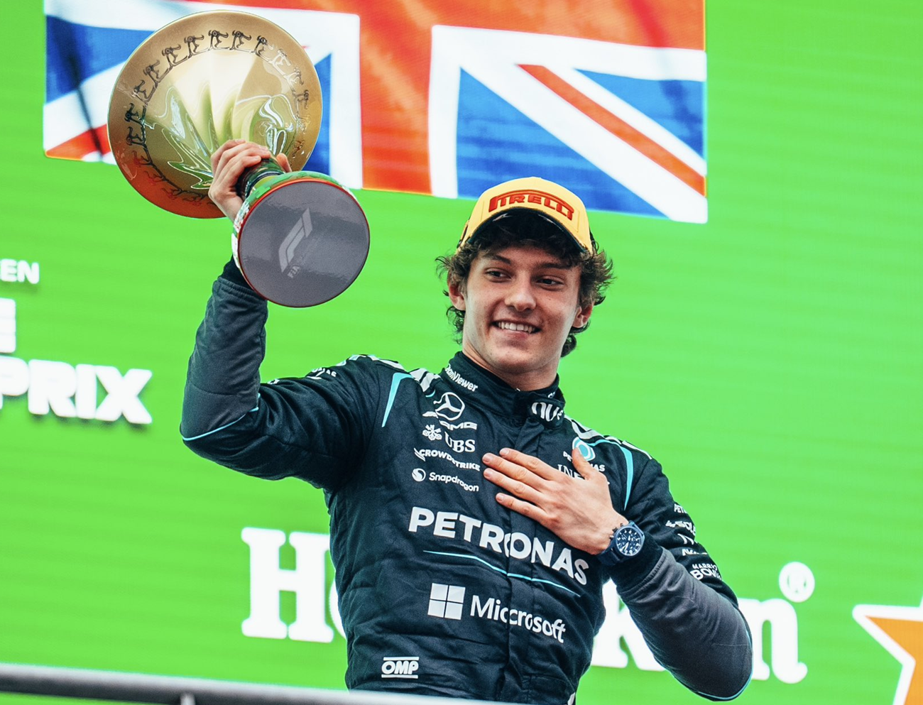 Kimi Antonelli celebrates winning the 2026 Chinese Grand Prix.