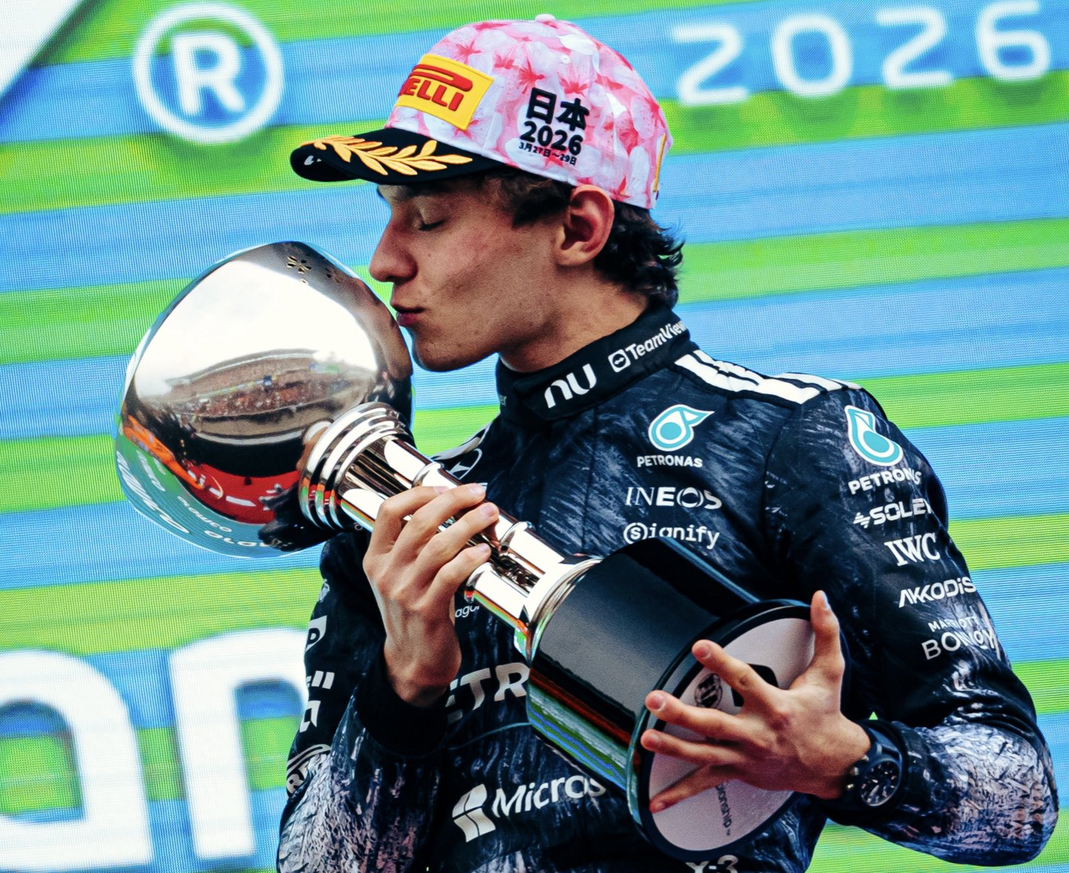 Kimi Antonelli celebrates after winning the Japanese Grand Prix on March 29, 2026.