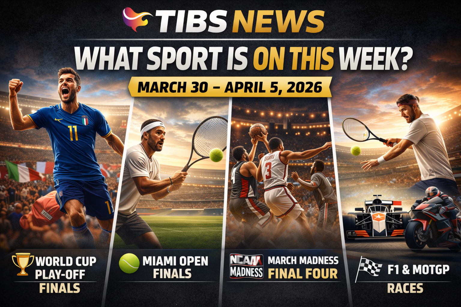 TIBS News graphic titled “What Sport Is On This Week? March 30 – April 5, 2026” featuring four panels: a footballer celebrating for World Cup play-off finals, a tennis player for the Miami Open finals, basketball players for March Madness Final Four, and a racing scene with an F1 car and MotoGP bike, set against a stadium backdrop.