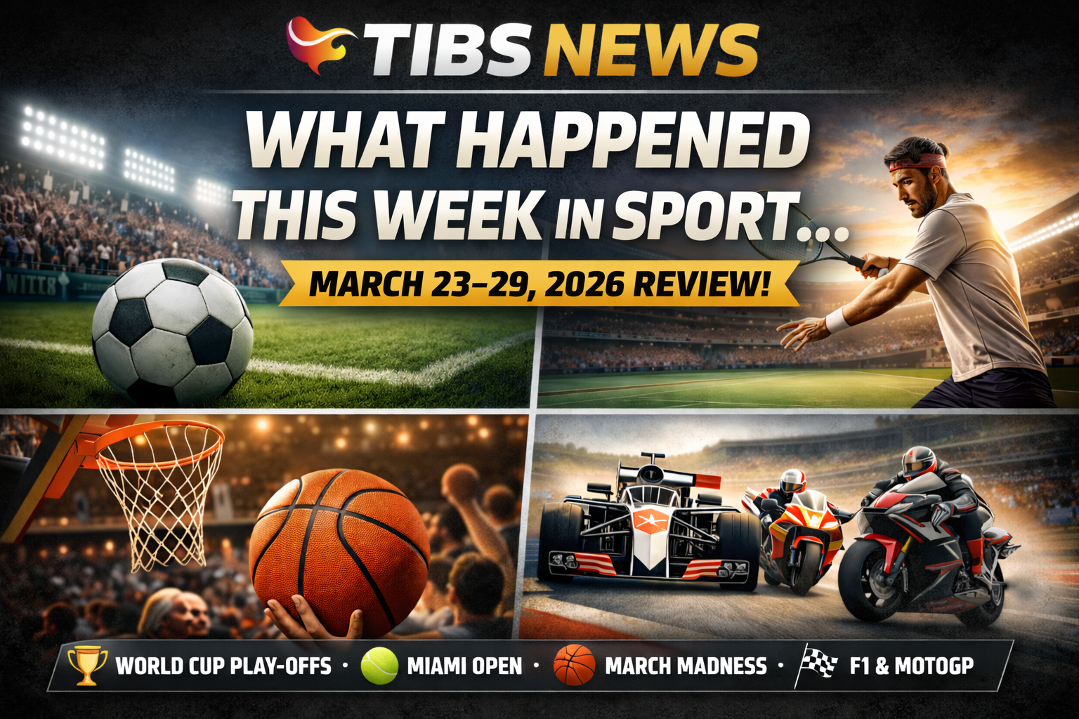TIBS News titled “What Happened This Week in Sport… March 23–29, 2026 Review!” featuring a collage of major sports: a football on a stadium pitch, a tennis player preparing a shot, a basketball near the hoop, and Formula 1 and MotoGP vehicles on track, with a banner highlighting World Cup play-offs, the Miami Open, March Madness, and F1 & MotoGP.