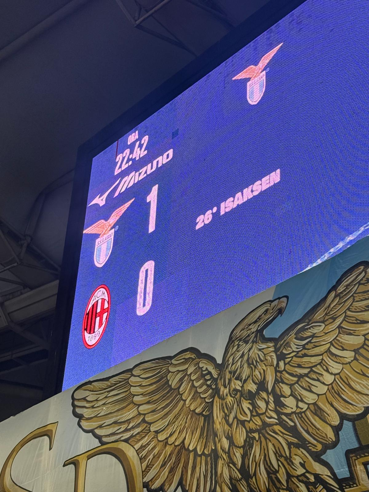 Scoreboard at the Stadio Olimpico displaying Lazio 1–0 against AC Milan after the match.