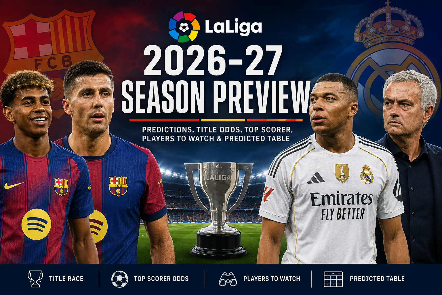 LaLiga 2026–27 season preview graphic featuring Barcelona and Real Madrid imagery, highlighting the title race, top scorer odds, players to watch and predicted table.
