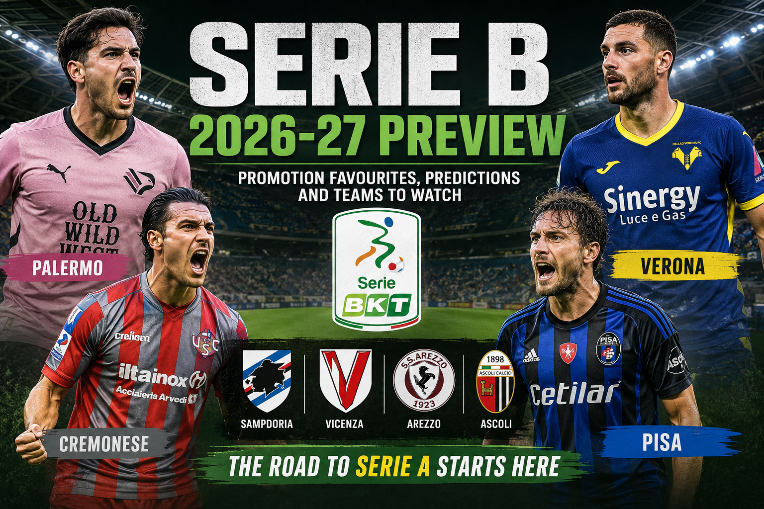 Serie B 2026–27 season preview graphic featuring footballers representing Palermo, Hellas Verona, Cremonese and Pisa, with a stadium backdrop and the headline “The Road to Serie A Starts Here.”