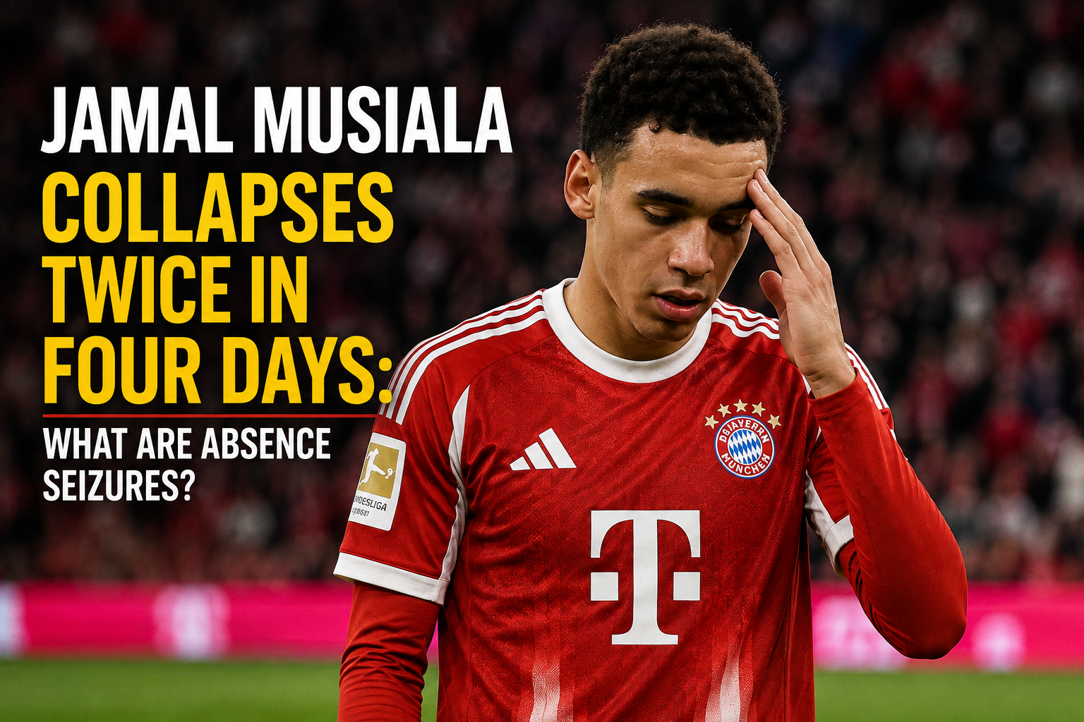 Jamal Musiala in a Bayern Munich shirt looking concerned, with text highlighting his two collapses in four days and asking what absence seizures are.