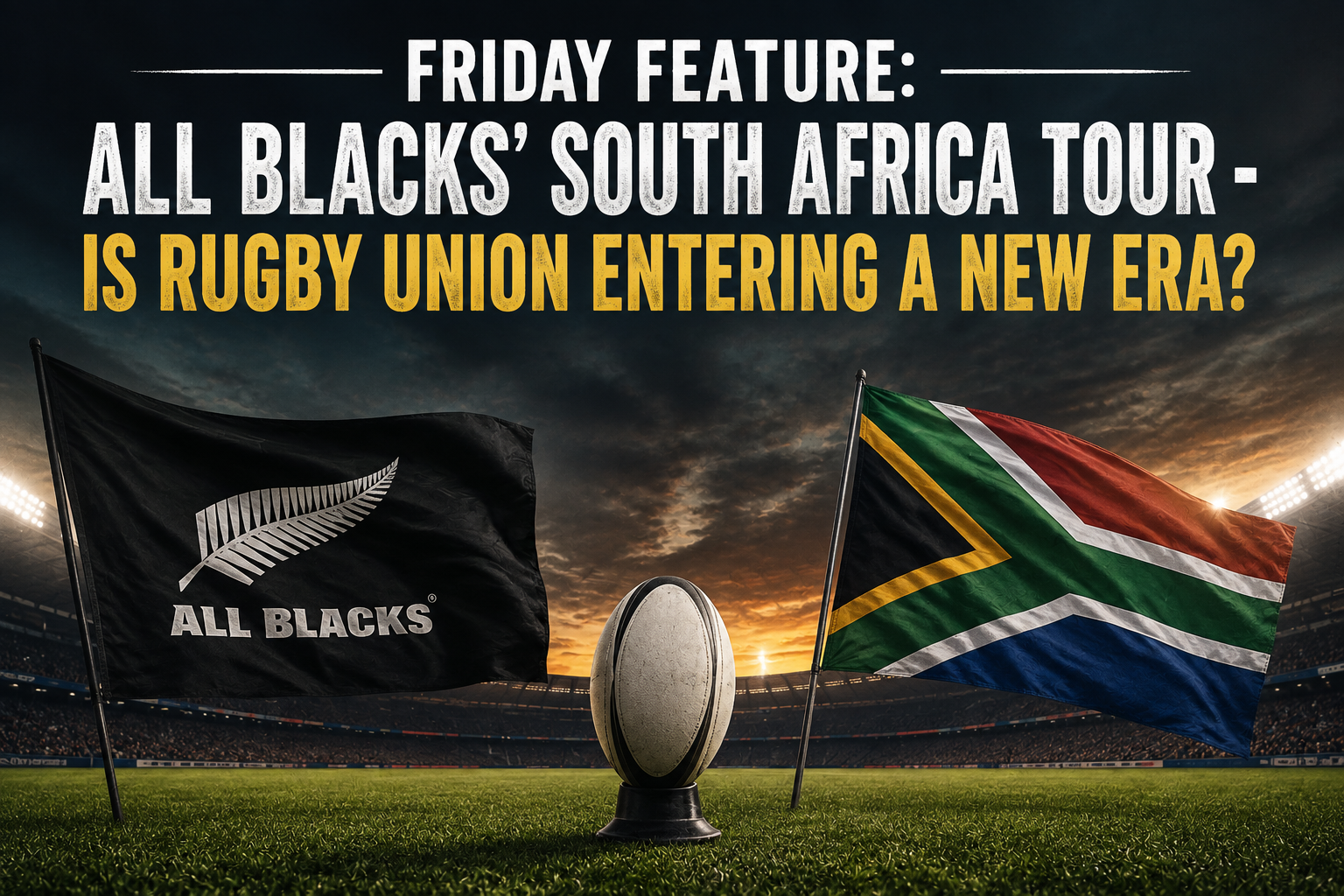 Friday Feature graphic for the All Blacks’ South Africa tour, featuring a rugby ball between New Zealand and South African flags inside a floodlit rugby stadium.