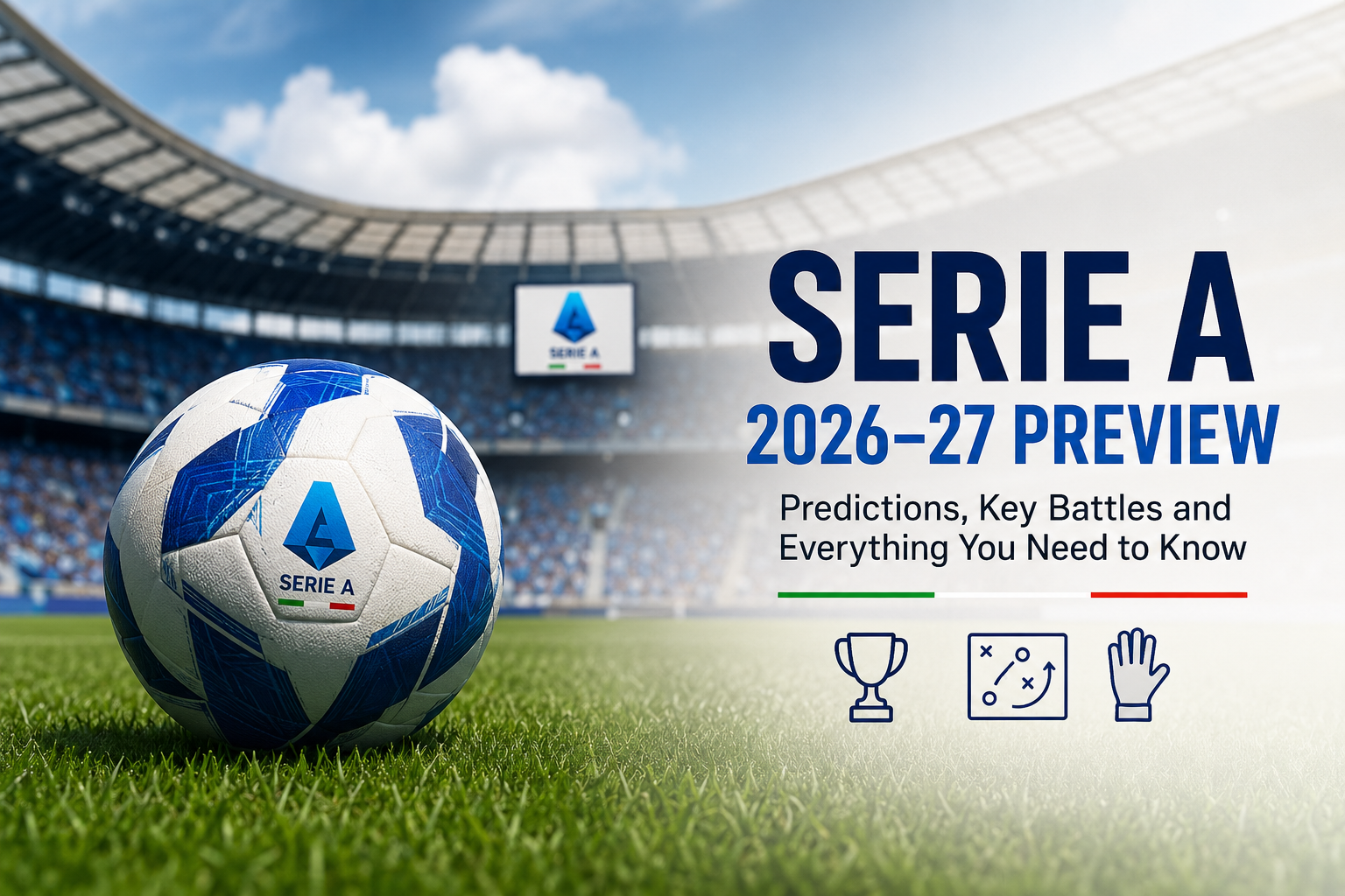 Serie A 2026–27 season preview graphic featuring a football on a stadium pitch with the Italian tricolour and preview title.