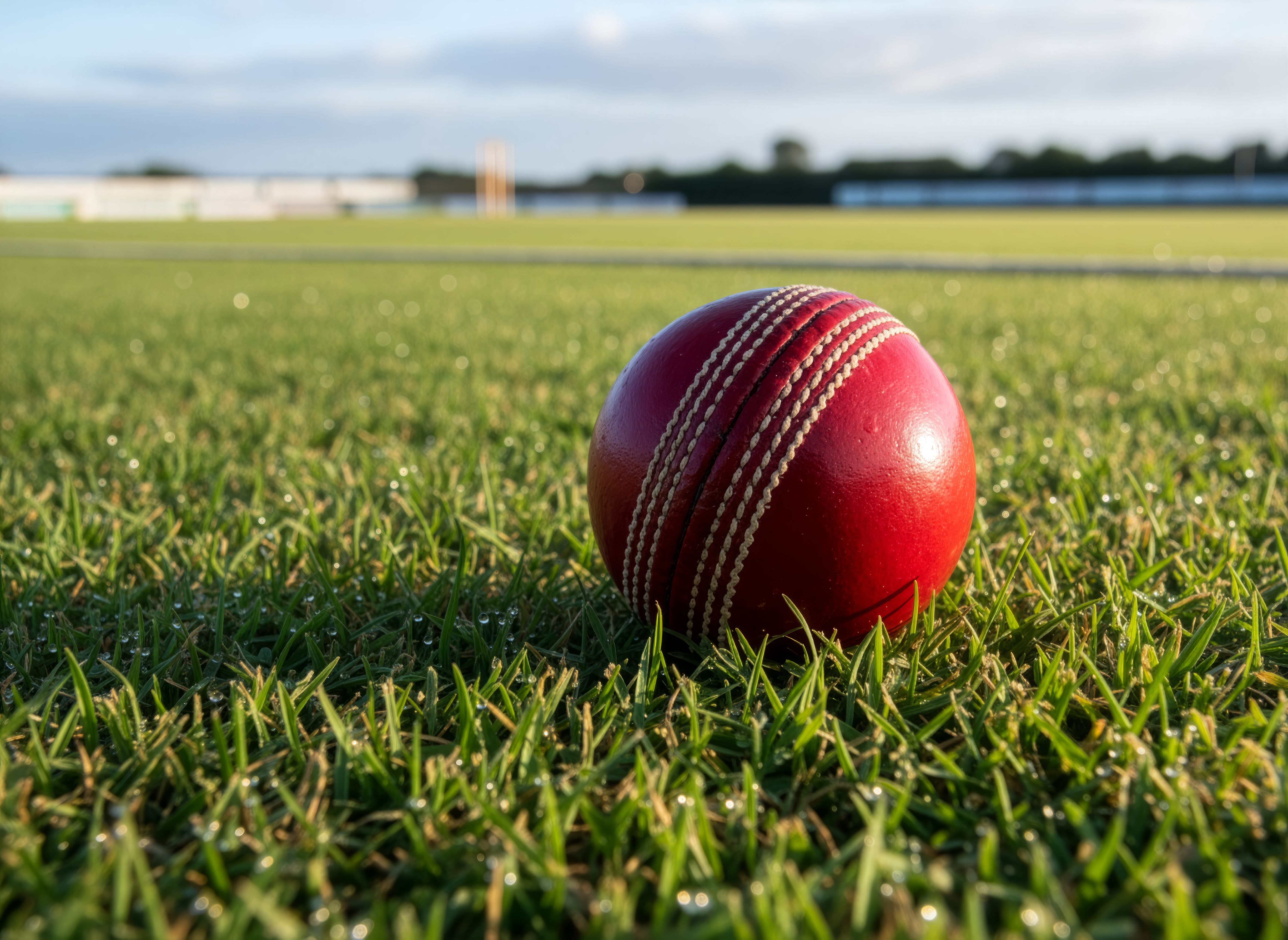 Picture of a cricket ball on a field.